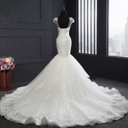 Sheer Cap Sleeved Mermaid Wedding Dress With Lace Appliqués And Lace-up ...