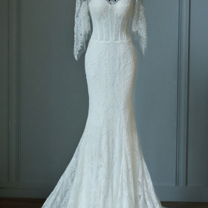 Sheer Lace Mermaid Long Wedding Dress With Flares..