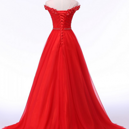 Elegant Beads Appliques Red Long Evening Dress..