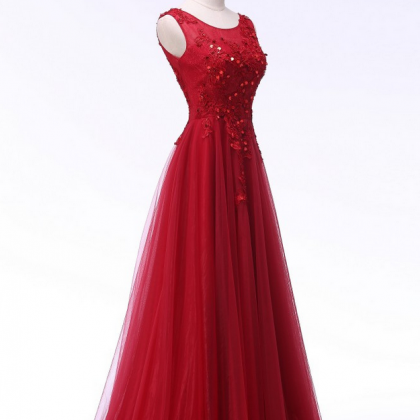 Scoop Lace Appliques Long Red Evening Dress..