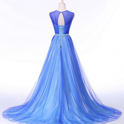 Fashion A-line Blue Evening Dresses Long Tulle Sleeveless Beaded Lady ...