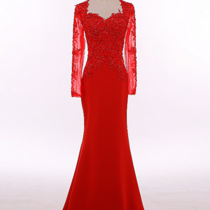 Custom Made Long Sleeve Red Long Evening Dress..