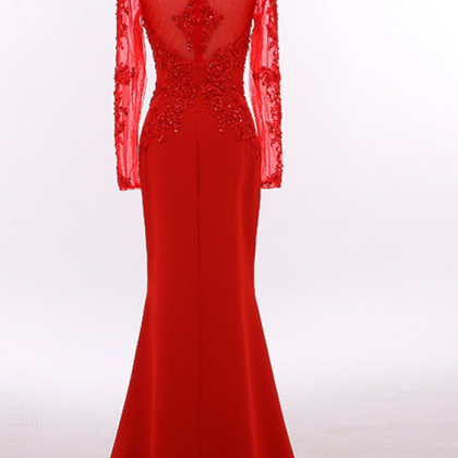 Custom Made Long Sleeve Red Long Evening Dress..