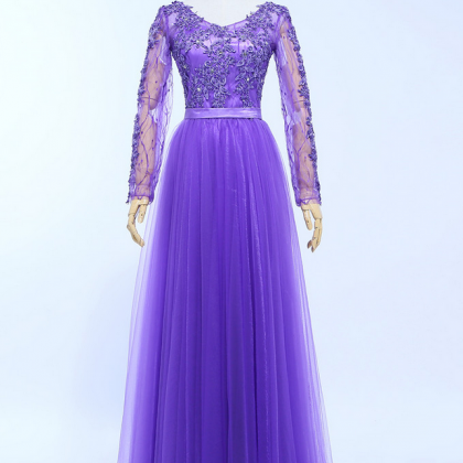 Long Sleeves Tulle Purple Party Beads Appliques..