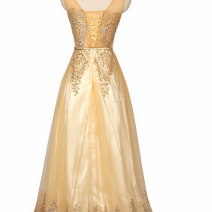 Elegant V-opening Back Golden Evening Dress Long..