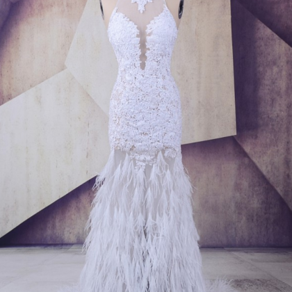 Luxury White Feather Mermaid Prom Dresses Baile..