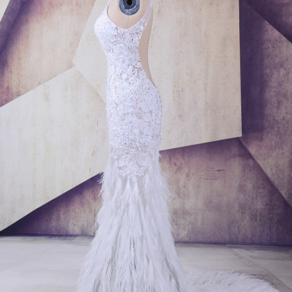 Luxury White Feather Mermaid Prom Dresses Baile..