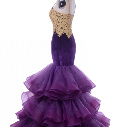 Purple Mermaid Evening Dress Ruffles Gold Lace..