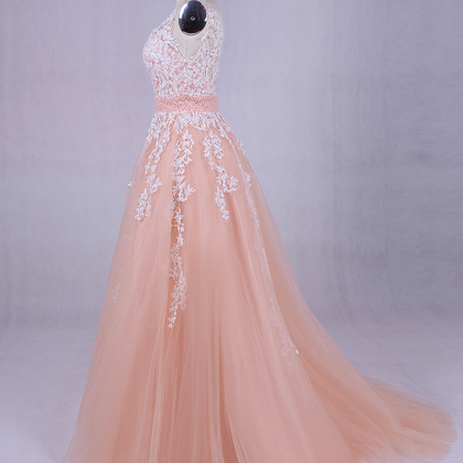 Coral Long Evening Party Dress Lace Puffy Prom..