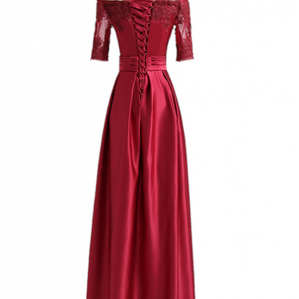 Burgundy Lace Embroidery Luxury Satin Half Sleeved..