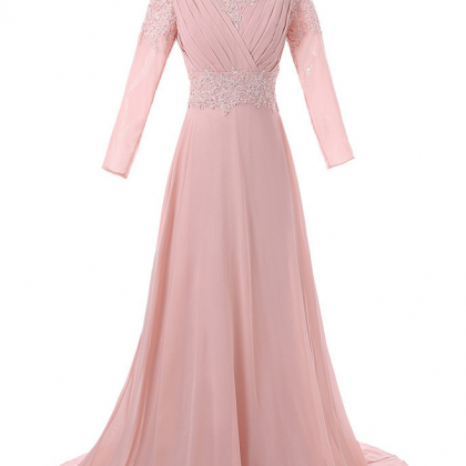 Peach Muslim Evening Dresses A-line Long Sleeves..