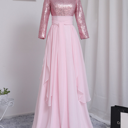 Pink Muslim Evening Dresses A-line Long Sleeves..