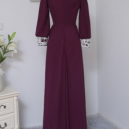 Purple Evening Dresses A-line Long Sleeves Chiffon..