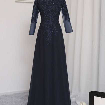 Navy Blue Evening Dresses A-line Long Sleeves..