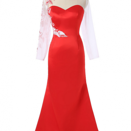 Red Evening Dresses Mermaid Long Sleeves See..