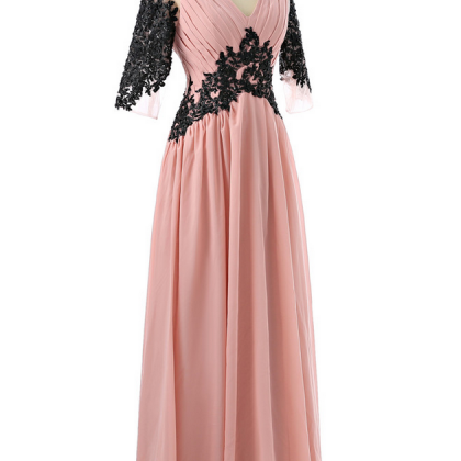 Pink Evening Dresses A-line V-neck 3/4 Sleeves..