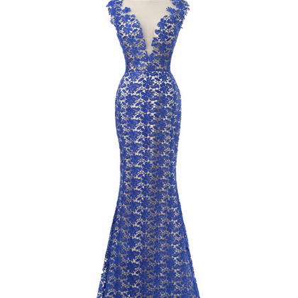 Royal Blue Evening Dresses Mermaid Cap Sleeves..