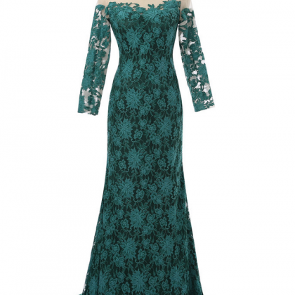 Green Evening Dresses Mermaid Long Sleeves Lace..
