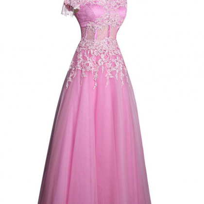Pink Evening Dresses A-line V-neck Cap Sleeves..