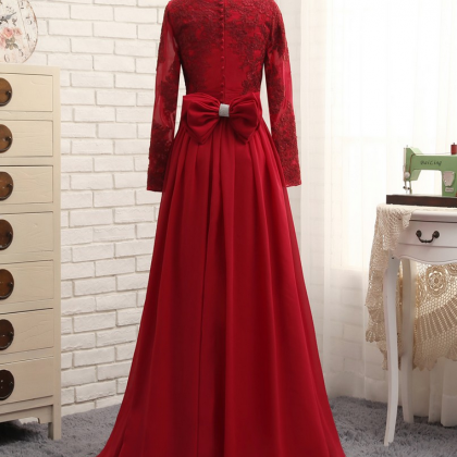 Evening Dresses A-line Long Sleeves Red Appliques..