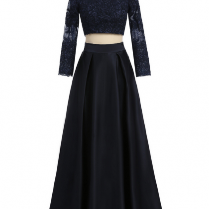 Two Pieces A-line Long Sleeves Black Satin Lace..