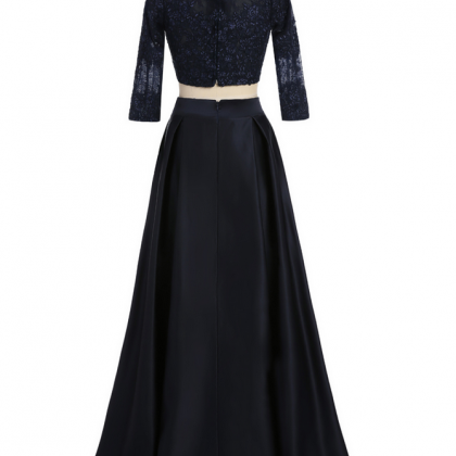 Two Pieces A-line Long Sleeves Black Satin Lace..