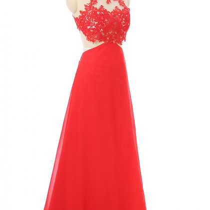 Red Prom Dresses A-line Halter Chiffon Appliques..