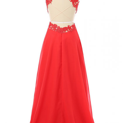 Red Prom Dresses A-line Halter Chiffon Appliques..