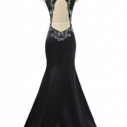 Black Prom Dresses Mermaid Cap Sleeves Open Back..