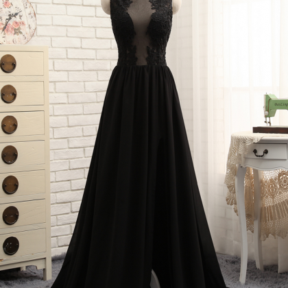 Prom Dresses A-line Black Chiffon Appliques Lace..