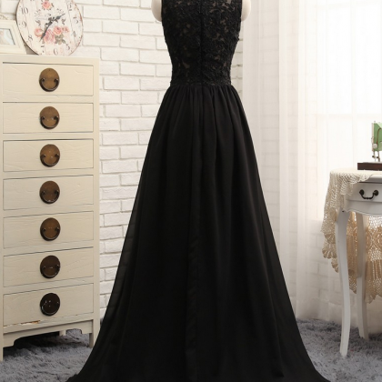 Prom Dresses A-line Black Chiffon Appliques Lace..
