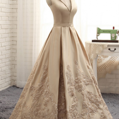 Satin Square Neck A-Line Champagne Prom Dress