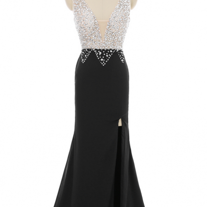 Black Prom Dresses Mermaid V-neck Crystals Beaded..