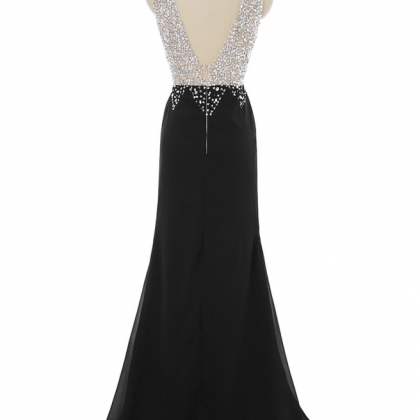 Black Prom Dresses Mermaid V-neck Crystals Beaded..