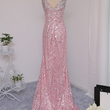 Pink Prom Dresses Mermaid Cap Sleeves Sequins Long..