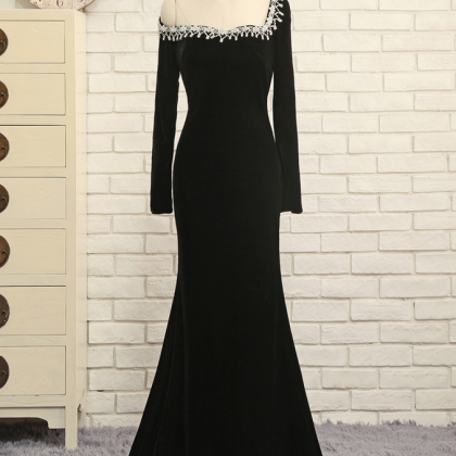 Black Prom Dresses Mermaid Long Sleeves Velvet..