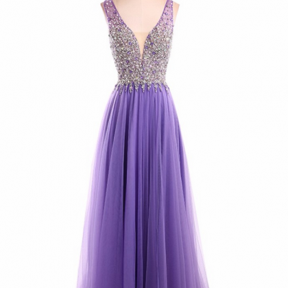 Long Purple Evening Dress Robe De Soiree V Neck..