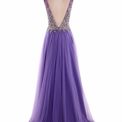 Long Purple Evening Dress Robe De Soiree V Neck..