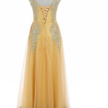 Long Gold Crystal Prom Dress Corset Back Formal..