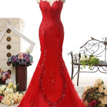Charming Real Long Red Mermaid Prom Dresses..