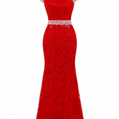 Long Mermaid Red Lace Plus Size One Shoulder..