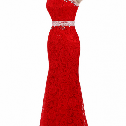 Long Mermaid Red Lace Plus Size One Shoulder..