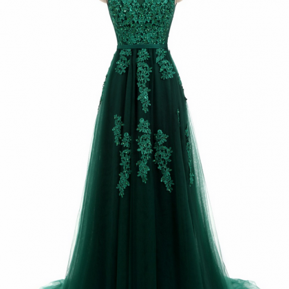 Beaded V Neck Long Min Green Lace Prom Dresses..