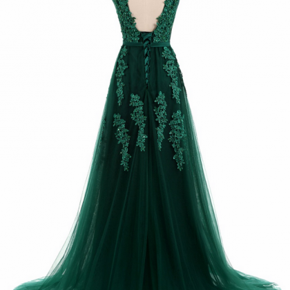 Beaded V Neck Long Min Green Lace Prom Dresses..