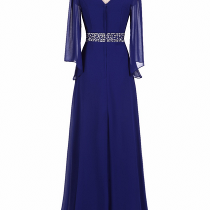Beaded Long Sleeve Chiffon Evening Dresses Royal..