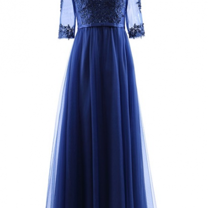 Appliques Beaded Blue Party Prom Dresses Tulle..