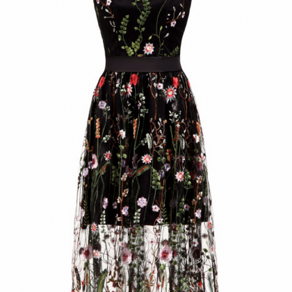 Embroidery Flowers Black See Through Evening Gowns..