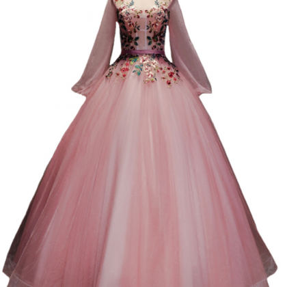 Sweet Pink Lace Prom Dress Long Sleeved Appliques..