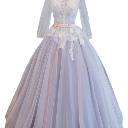 Sweet Lace Flower Prom Dress Long Sleeved..