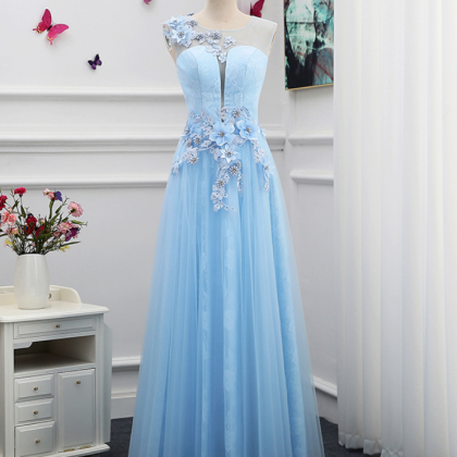 Sweet Light Blue Lace Flower Evening Dress The..